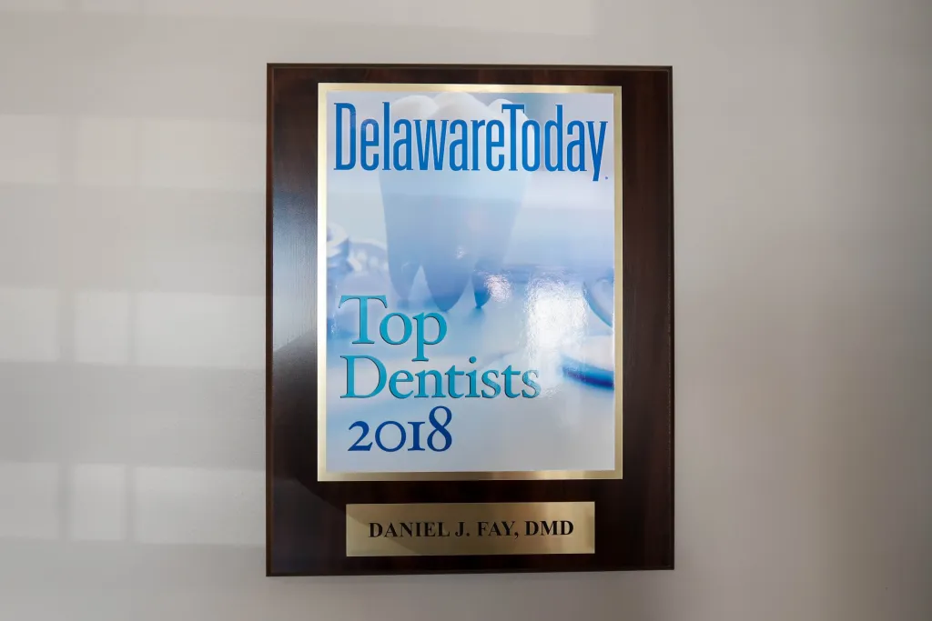 Delaware Today Top Dentists 2018 Award for Daniel J. Fay, DMD on the wall