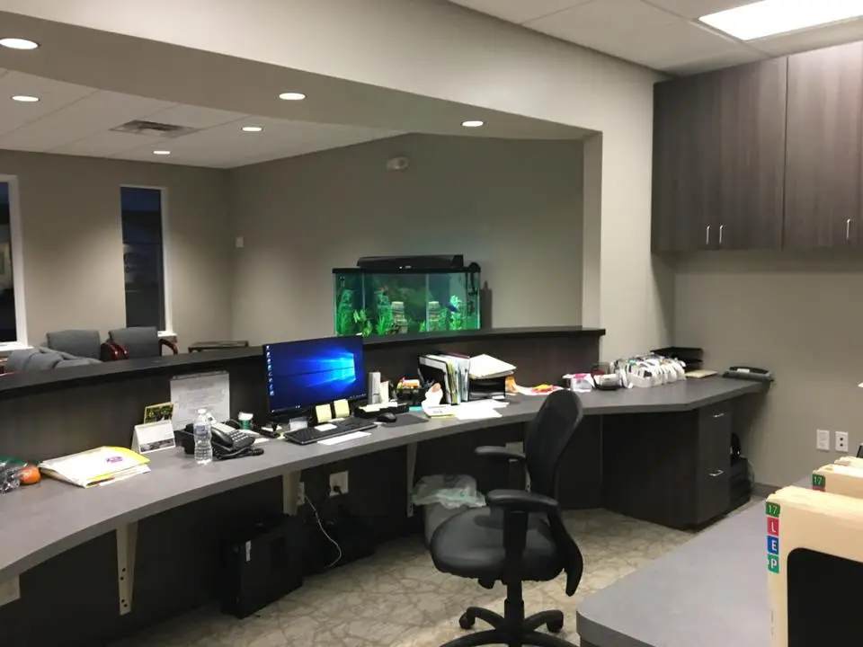 Behind the front desk
